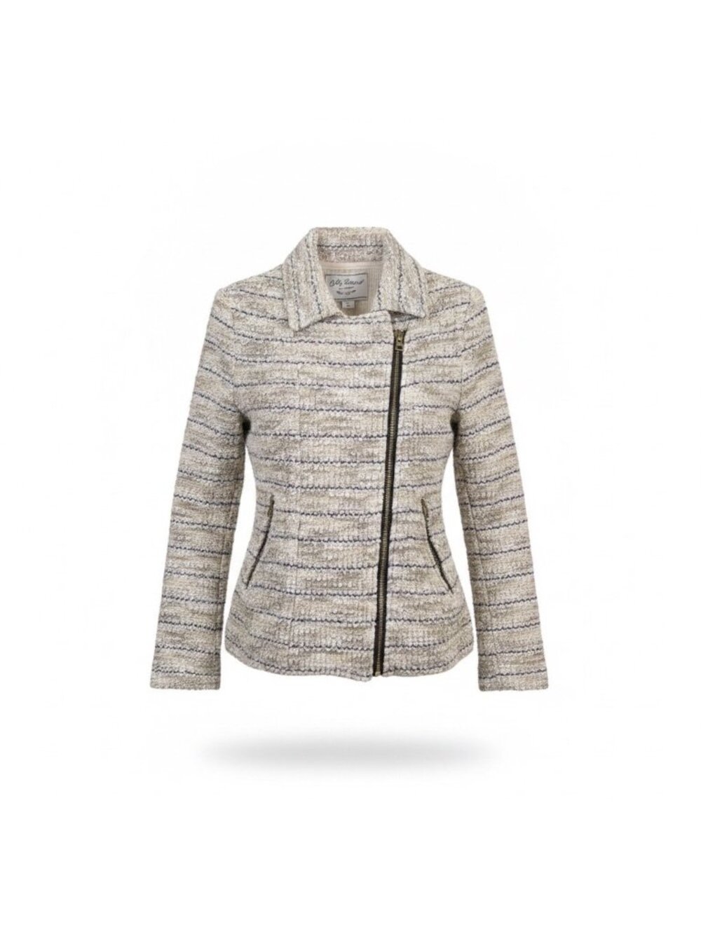 Lucky Brand Womens Beige Striped Moto Jacket With Zipper Closure Size S
